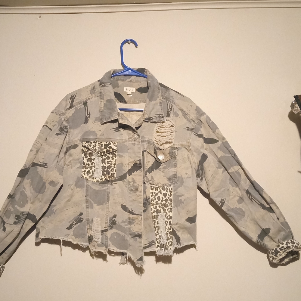 POL Distressed Gray Denim Jacket with Leopard Details